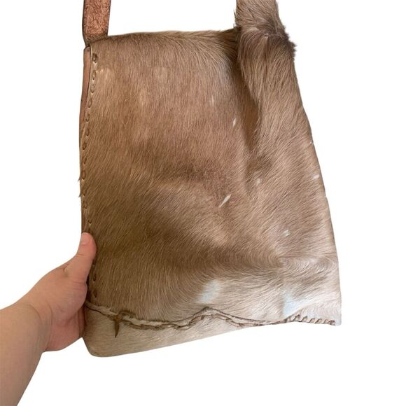 Full Grain Leather Mixed Animal Fur Shoulder Bag Tote Mexico Handmade Brown Boho - Picture 3 of 16